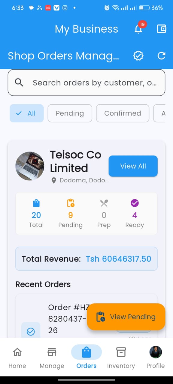 Horizoney shop orders screen